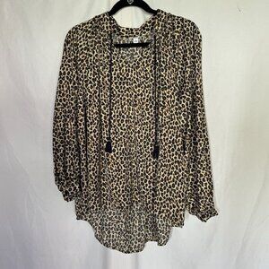 Women's Crown Ivy Curvy Blouse Brown Beige Leopard Tassel Boho‎ Flowy Popover L